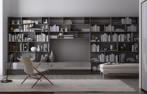 现代客厅电视背景墙书架、休闲椅和落地灯组合