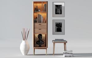 北欧实木书柜、坐凳和书籍组合