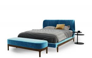 现代蓝色金丝绒布艺床头双人床、床尾凳