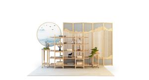 新中式浅实木开放式书架、屏风和花架组合