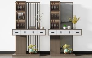 新中式撞色酒柜、装饰柜和花瓶摆设组合