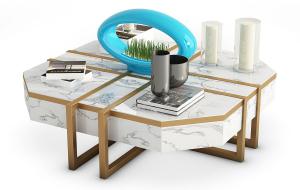 现代切角正方形金属支架茶几、摆件组合