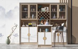 新中式酒柜、吧台椅、青花瓷组合