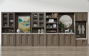 新中式酒柜、玄关柜和装饰画组合