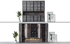 现代大理石纹理柜门、玻璃柜门酒柜组合