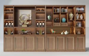 新中式实木酒柜、红酒瓶和茶叶罐组合