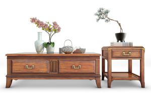 中式实木长方形茶几、边几和摆件组合