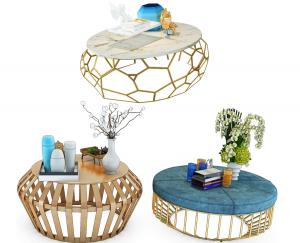 现代轻奢金属镂空软包台面茶几、摆件组合