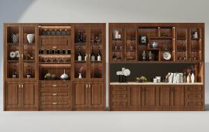 新中式酒柜、酒瓶和茶饼装饰摆件组合