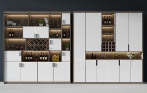 现代撞色酒柜、酒瓶和醒酒器组合