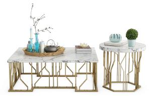 现代低奢长方形金属支架大理石台面茶几、边几和角几组合