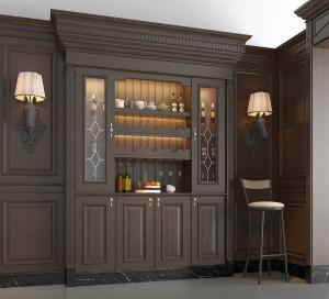 欧式顶部带脚线酒柜、马头灯、吧凳组合