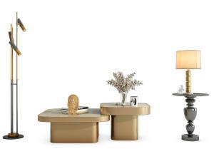 现代金色方形茶几、边几和落地灯组合