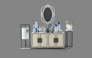 中式白色镶黑边玄关柜、花架和摆件组合