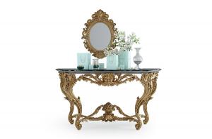 欧式雕花金色玄关柜、装饰镜和摆件组合