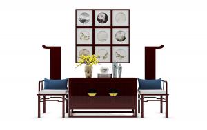 中式红木玄关柜、官帽椅和装饰画组合