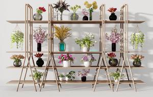 马蹄莲、樱花、绣球花花瓶花卉 实木花架