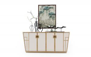 新中式镶嵌金属条的玄关柜、摆件组合