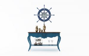地中海蓝色弯腿双层边几、玄关柜和船舵钟表