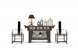 中式鼎状案几、太师椅和鸟笼装饰摆件