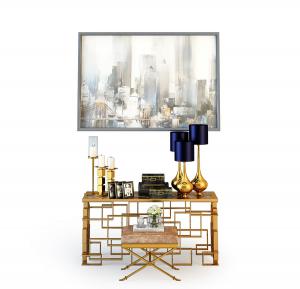 新中式金属案几端景台、软凳和挂画组合