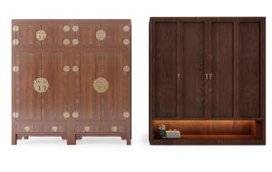 中式实木带有金属柜门锁、下部镂空的衣柜组合