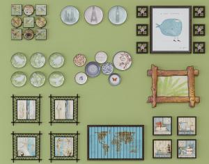 现代盘子、相框、装饰画、墙饰组合