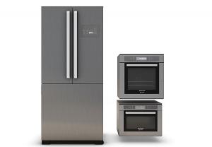 现代上半部双开门冰箱、烤箱和微波炉组合