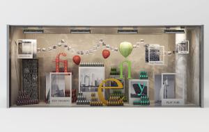 商场饮料卖场、明信片和热气球橱窗