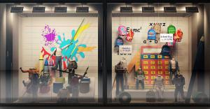 儿童服装、书包和玩具橱窗展示