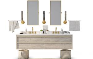 双盆洗手柜、洗漱用品、镜子