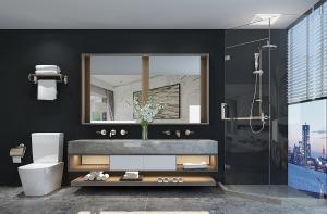 卫生间玻璃淋浴间、马桶、大理石洗手池组合