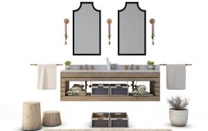 悬挂式双人洗手池、毛巾、镜子