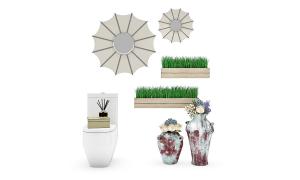 卫生间马桶、装饰镜、香薰、陶瓷花瓶摆件