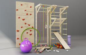 室内儿童攀爬墙、滑板车和健身器材