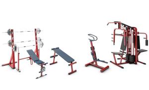 健身房杠铃、腹部肌肉训练器