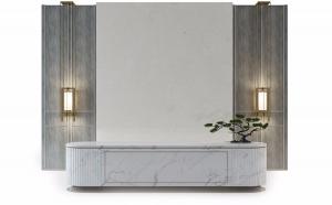 新中式大理石椭圆形前台接待台、背景墙