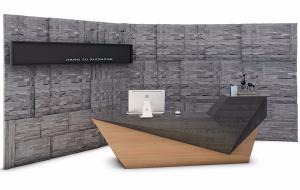 现代实木大理石拼接前台接待台、文化石背景墙