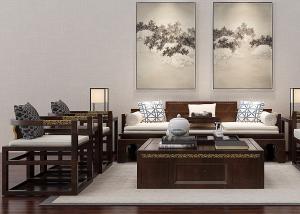 中式古典沙发、茶几、太师椅和装饰画组合