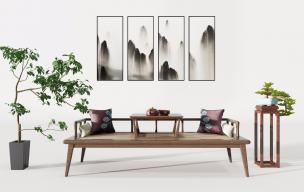 新中式罗汉床、花架和盆景组合