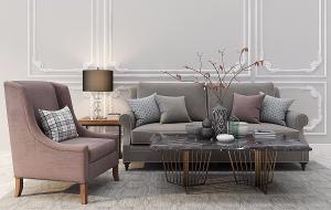 欧式沙发、茶几和单人沙发组合