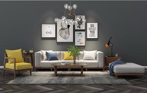 北欧沙发、茶几、方形坐凳和装饰画组合