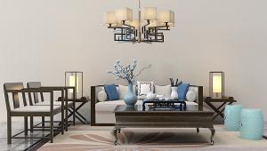 新中式沙发、茶几、鼓凳和吊灯组合