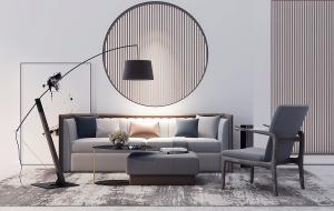 新中式沙发、茶几、方形坐凳和落地灯组合