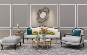 欧式古典沙发、茶几、方形坐凳和墙饰组合