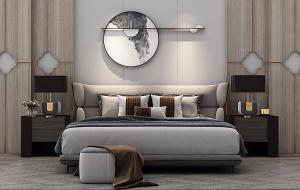 新中式布艺软包床头双人床、床尾方形坐墩