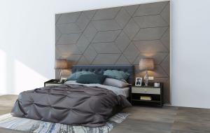 现代几何图案背景墙双人床、褶皱床品