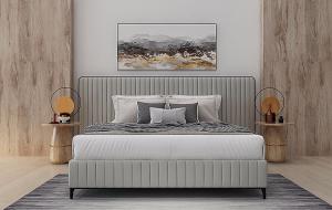 现代细条纹理床头双人床、实木床头柜