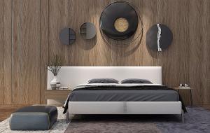 新中式双人床、实木背景墙和墙饰