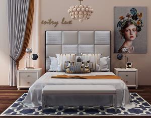 现代轻奢方形软包靠背双人床、球形玻璃台灯